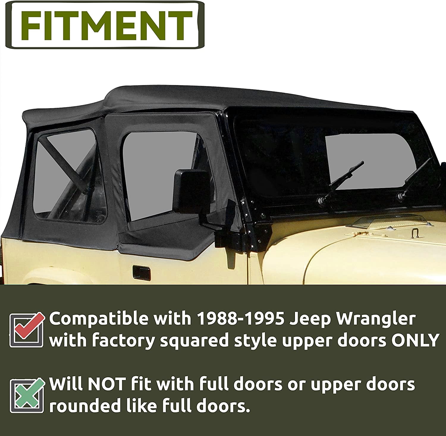 Kojem Convertible Soft Top Sailcloth for 1987-1995 Jeep Wrangler YJ Zip Out  with Removable Upper Door Skins and Back Window Black Sailcloth 2 Door  9870215 