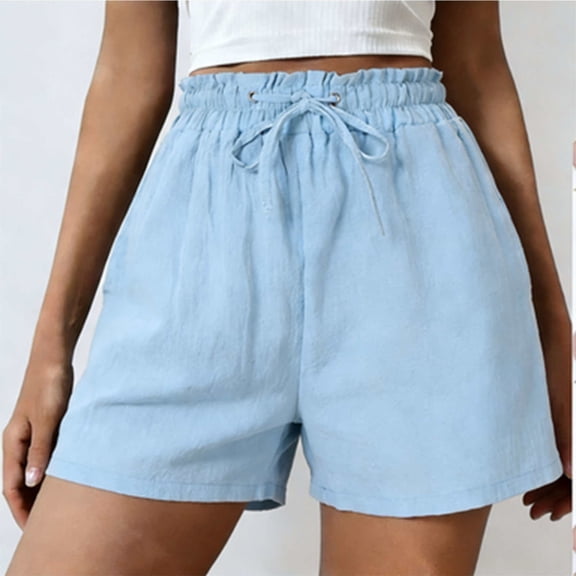 SZJXBUY Linen Pants Women Short Drawstring High Waisted Lightweight Beach Vacation Shorts with Pockets Light Blue,XL