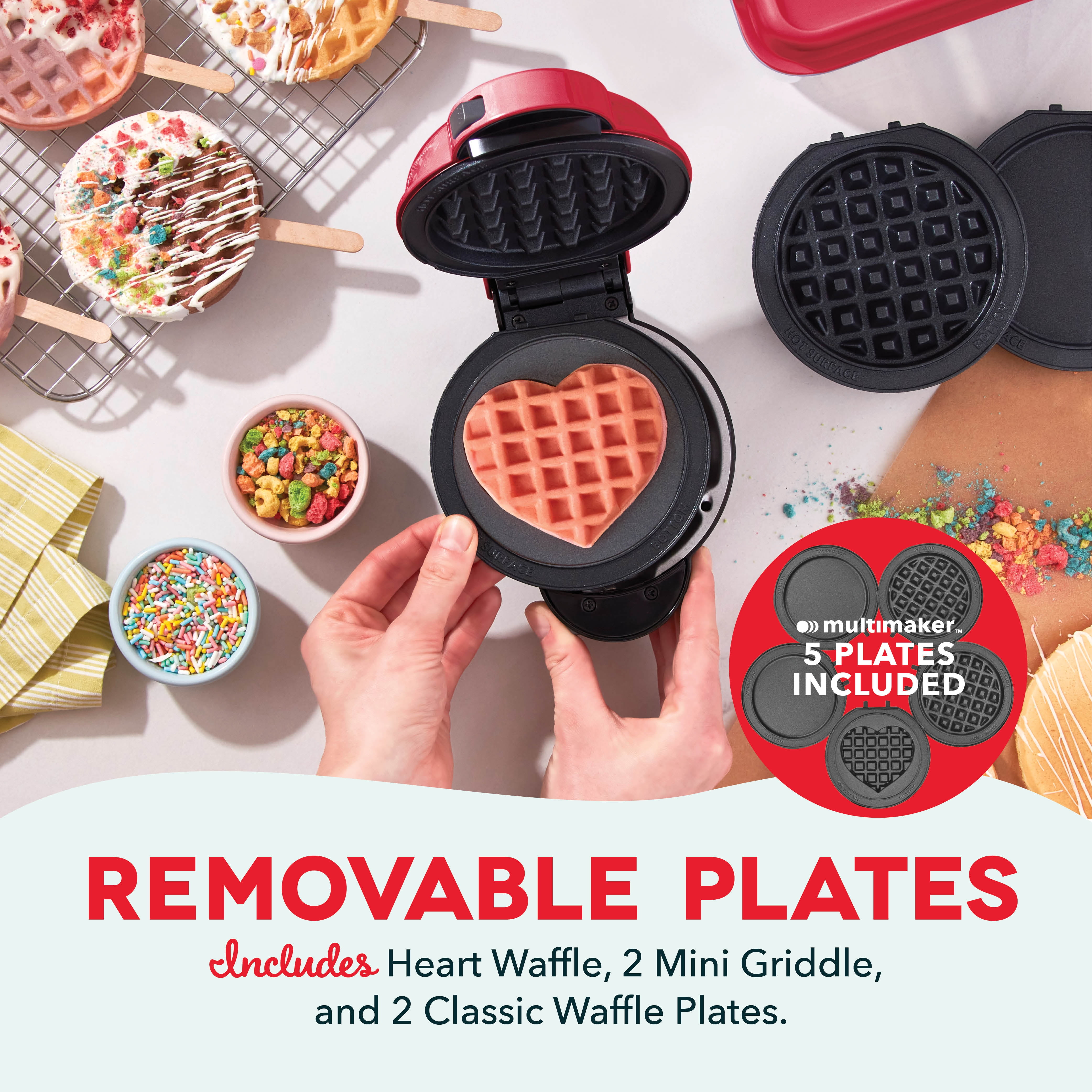 Dash Multimaker Mini System - Waffle Maker with Five 4” Removable Plates: Waffle Iron & Griddle, 4-in-1 Mini Waffle Maker for Kids and Families, Red