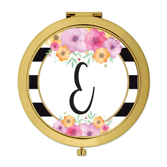 Koyal Wholesale Compact Mirror Bridesmaid's Wedding Gift, Gold, Monogram Letter E, Modern Black White Stripes , 1-Pack