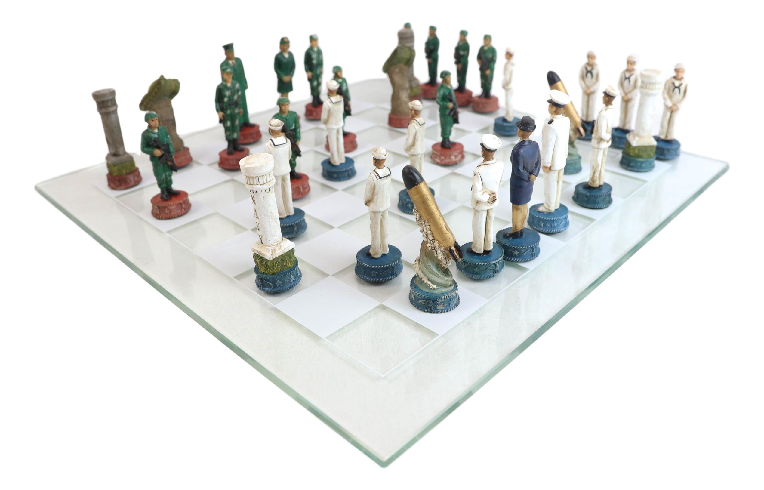 Ebros Gift American Military Army VS Navy Colorful Chess Set, 17" Glass Board, 12 Pieces
