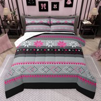 Feelyou Grey Pink Aztec Queen Comforter Set, Boho Rustic Triangle Bedding Sets, Western Old Fashion Reversible Bedding Comforter Set, Super Cozy Room Decor, 3-Piece