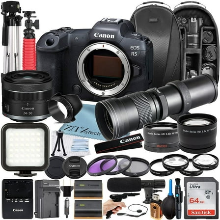 Canon EOS R5 Mirrorless Camera with RF 24-50mm   420-800mm Super Telephoto Zoom Lens   64GB SanDisk Memory Card   Backpack   Tripod   ZeeTech Accessory Bundle