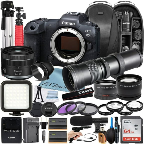 Canon EOS R5 Mirrorless Camera with RF 24-50mm   420-800mm Super Telephoto Zoom Lens   64GB SanDisk Memory Card   Backpack   Tripod   ZeeTech Accessory Bundle