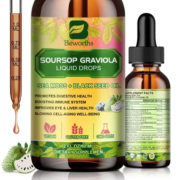 Organic Soursop Graviola with Sea Moss Liquid Drops, Soursop Bitters Liquid Rich in Multivitamin for Natural Antioxidant, Immune Boost, Cell Support & Regeneration, 2 fl oz