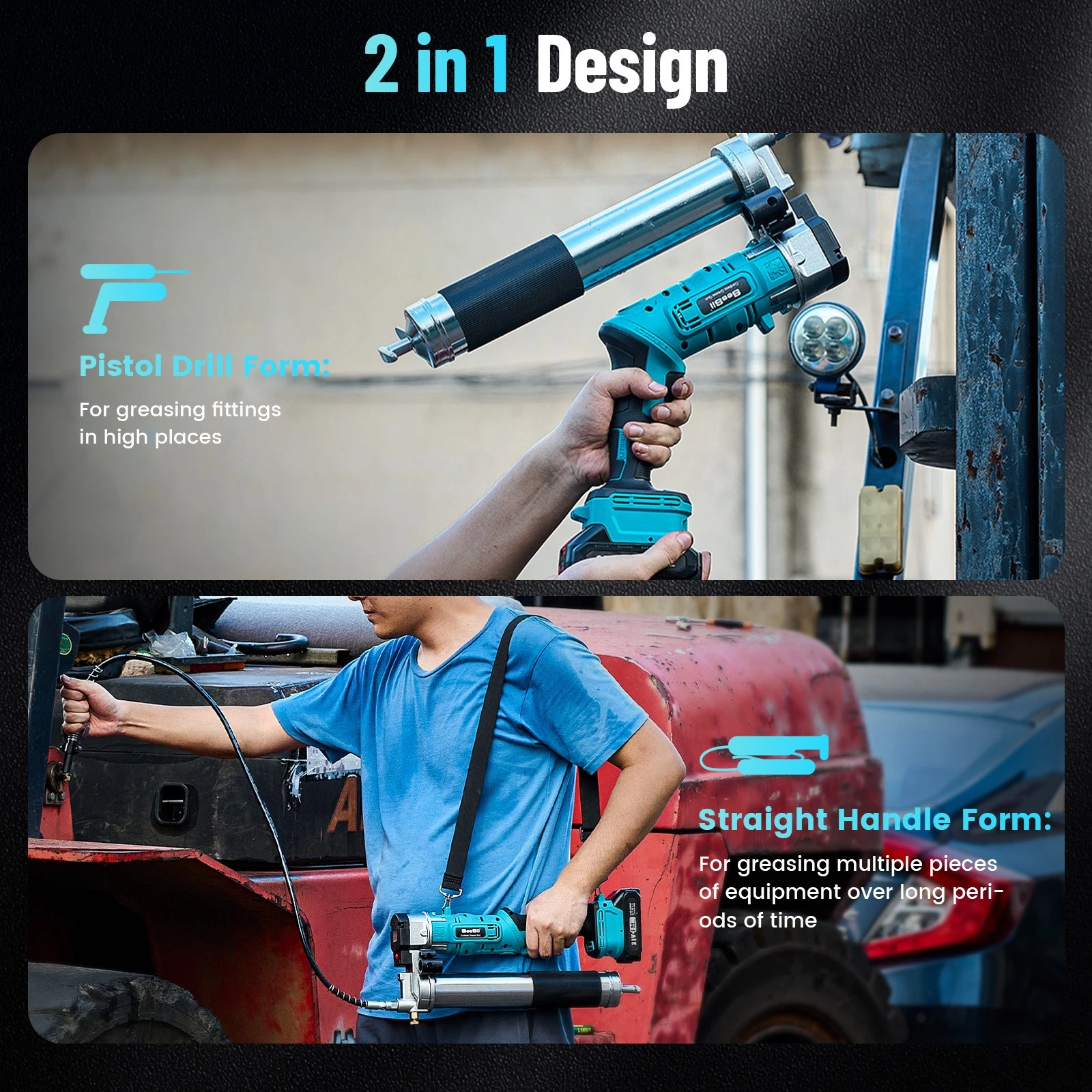 Seesii Cordless Grease Gun 5.3 oz/min 12000 PSI 2-in-1 Electric Grease Gun Kit with 2 * 2.0AH Batteries and Charger, 39.4" Hose & LED Light for Tractors, Trailers, Machine Maintenance