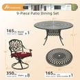 thumbnail image 2 of 9-Piece Patio Furniture Dining Set, Cast Aluminum Outdoor Conversation Set- 61" Round Patio Dining Table with Detachable Lazy Susan & 8 Cushioned Swivel Rocker, Umbrella Hole, Chili Red, 2 of 7
