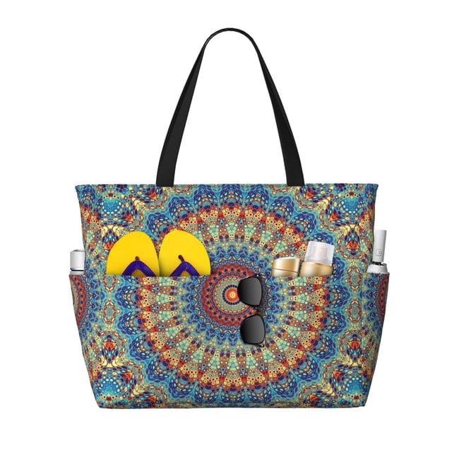Fotbe Round Mandala Bolsa de Viaje para Playa - Resistente al Agua, Bolsa Tote de Gran Capacidad y Ligera con 7 Bolsillos para Mujeres y Hombres