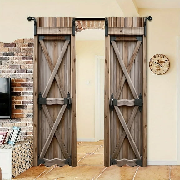 WNOOHIY Wooden Door Pattern Barn Door Light-filtering Curtains for Living Room Bedroom Home Decoration, Set of 2 Panels
