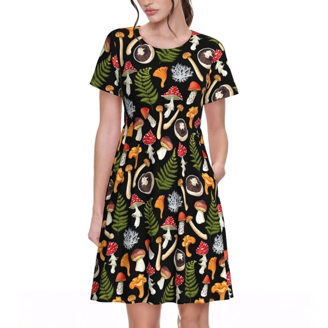 Balery Mushrooms Vestidos sueltos de manga corta para mujer, vestidos de verano 2025, vestidos casuales de corte A con vuelo.