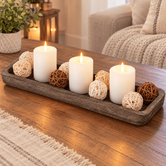 Wood Decorative Centerpiece Tray, Brown Long Candle Holder Plate