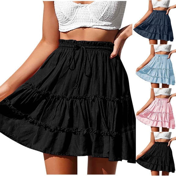 Aboser Summer Skirts for Women Casual Ruffles Tiered Skirt Flowy A Line Mini Skirts Lightweight Elastic Waist Skirt Beach Vacation Clothes