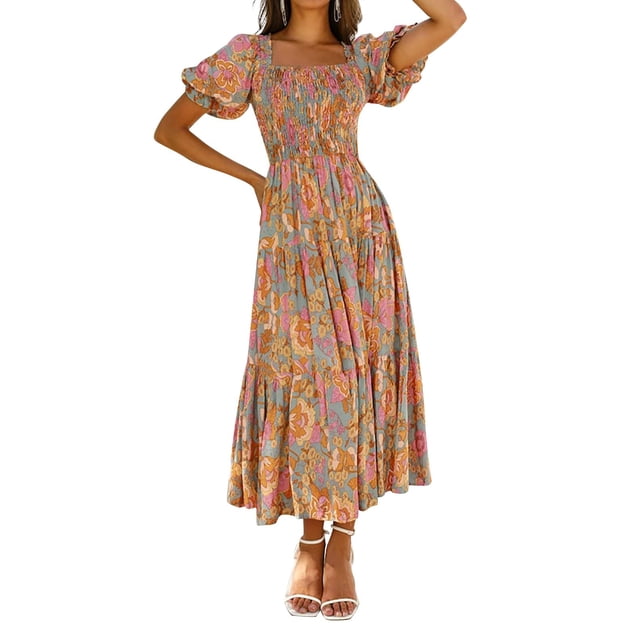 Vestido ZESICA 2025 boho con estampado floral y cuello cuadrado, largo maxi