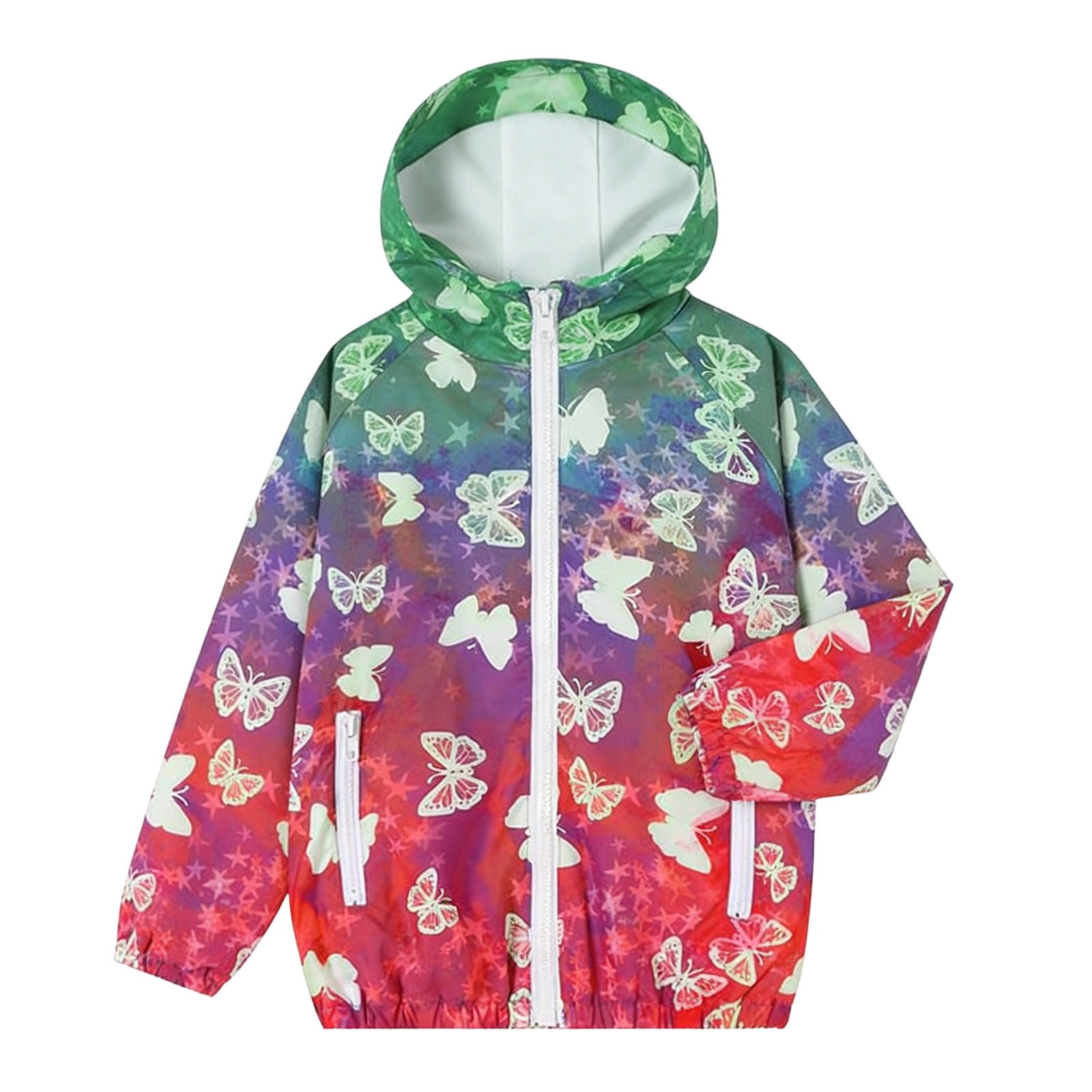 Kiijoy Girls Zip Up Rain Jacket Cute Butterfly Lightweight Hooded Windbreaker 5-6 Years