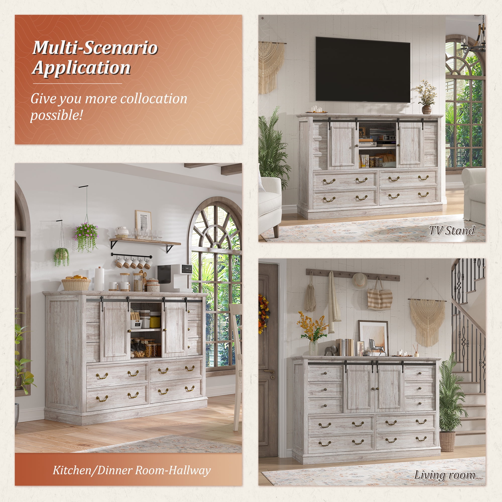 10 Drawers Dresser for Bedroom,Farmhouse Wood Dresser with Smoothly Sliding Barn Doors,Chest of Drawers 55" Wide TV Stands for Living Room,Hallway,Entryway ,Light Rustic Oak