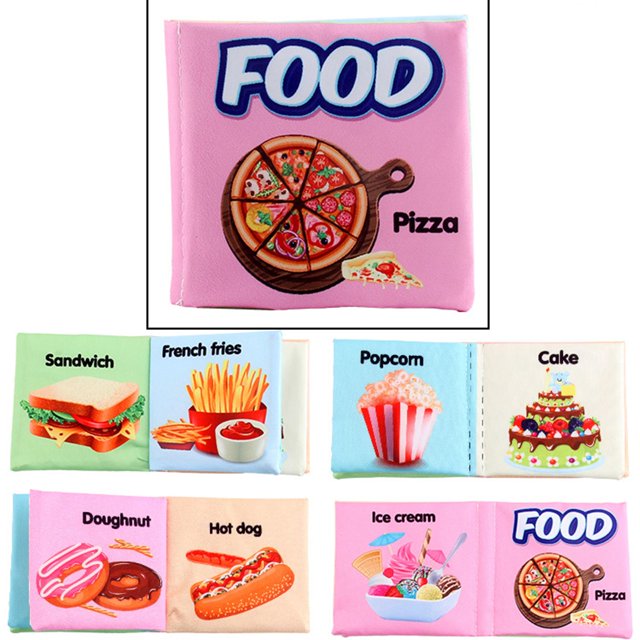 Libros de tela para bebés, juguete interactivo táctil y sintético Libro de tela arrugada para cochecitos de bebé juguetes para bebés y niños , comida