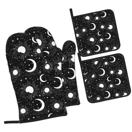 

Daiia Crescent and Stars Pattern Oven Mitts and Pot Holders 4 pcs Set High Heat Resistant 500 Degree Extra Thicken Long Kitchen Cotton Oven Glove