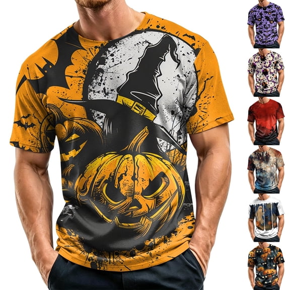 Halloween Shirts for Men Short Sleeve Round Neck Pumpkin Bat Print Pullovers Causal Loose Funny T Shirts, L
