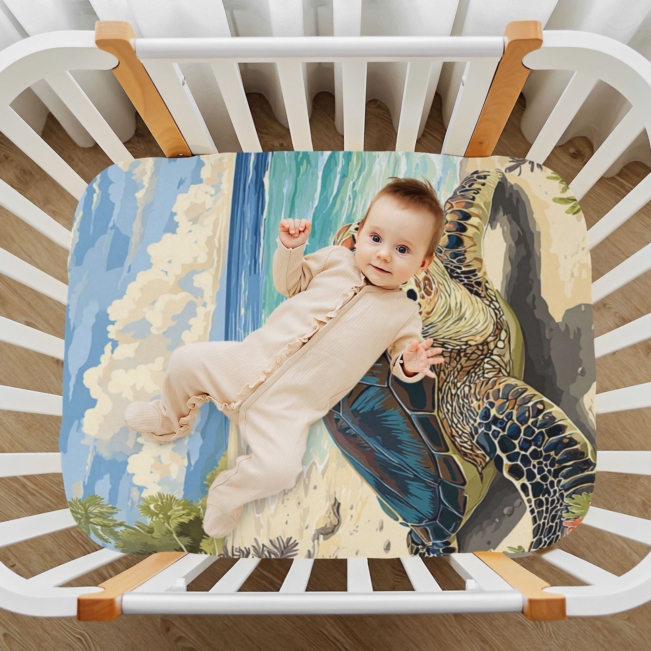 Baby Essentials 52”x 28”- Standard Cotton-like Modal Elastic- Illustration Of A Turtle Design Crib Sheets for Newborns and Toddlers