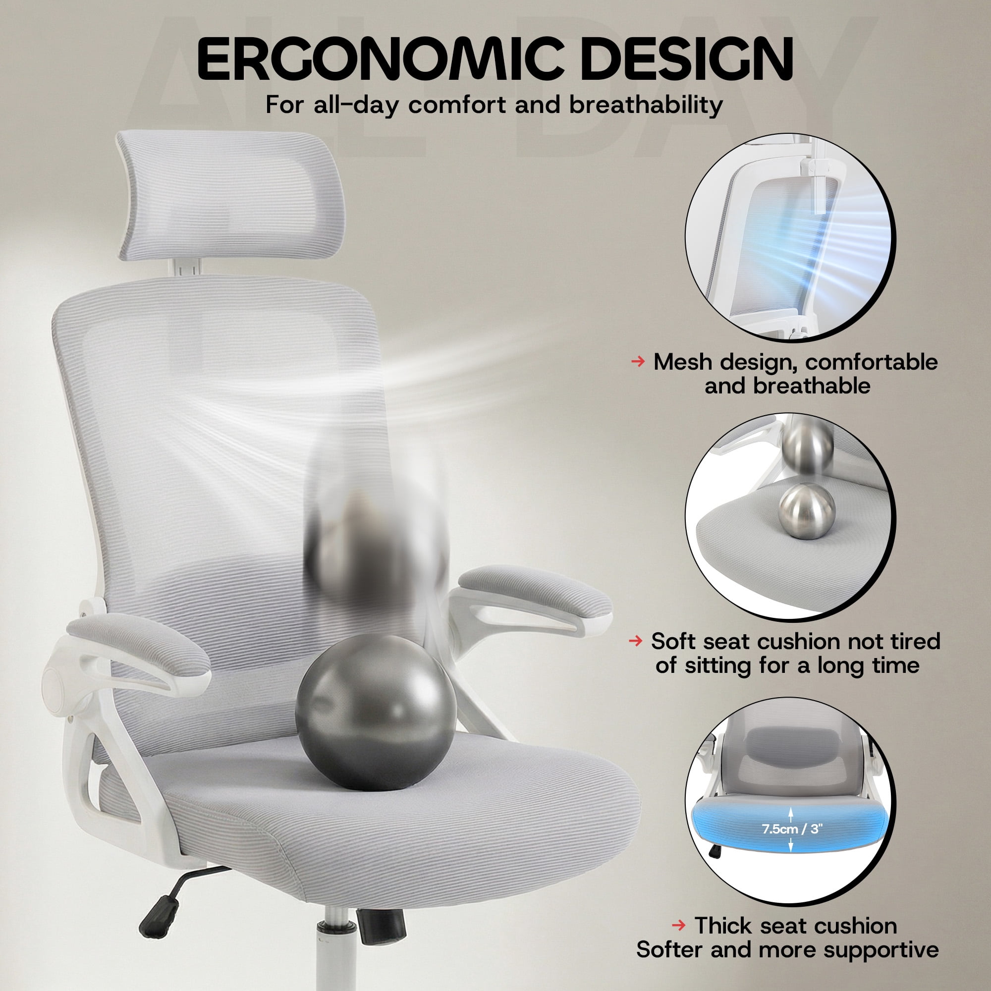 Ultifit Ergonomic Office Chair for Adult, Gray Breathable Mesh Desk Chair with Adjustable Headrest, Armrests, Lumbar Support, and Rocking Function，400LBS