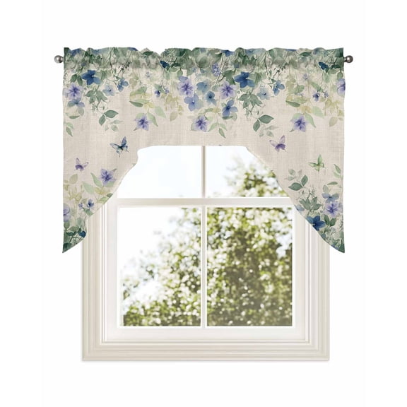 Butterfly Plant Kitchen Curtains Swag Valance for Windows/Bathroom/Cafe, Green Purple Watercolor Country Leaf Rod Pocket Drape Panel Swag Curtains Valance for Bedroom/Living Room 56"x36"