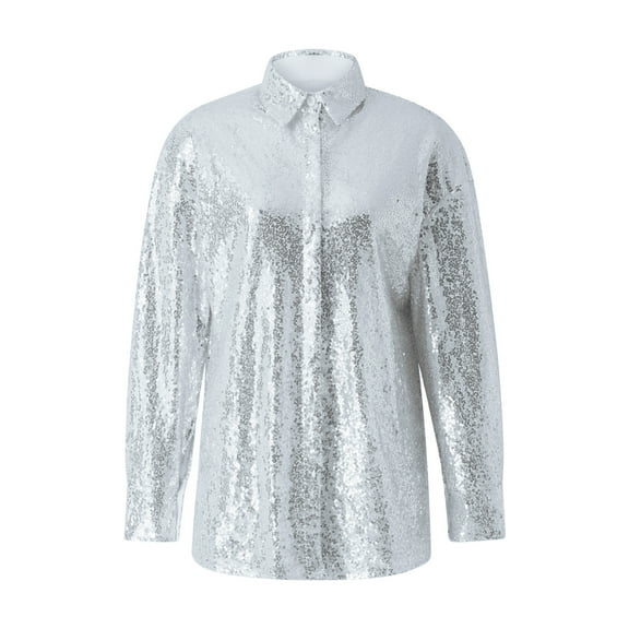 Musuos Women Retro Casual Long Sleeves V-neck Solid Color Sequined Shirt Tops for Party