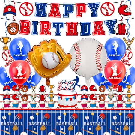 Baseball Birthday Party PriNst Decorations, Baseball Party Supplies Set Including Banner, Hanging Swirls, Foil Balloons, Latex Balloons, Cake Toppers and Tablecloth