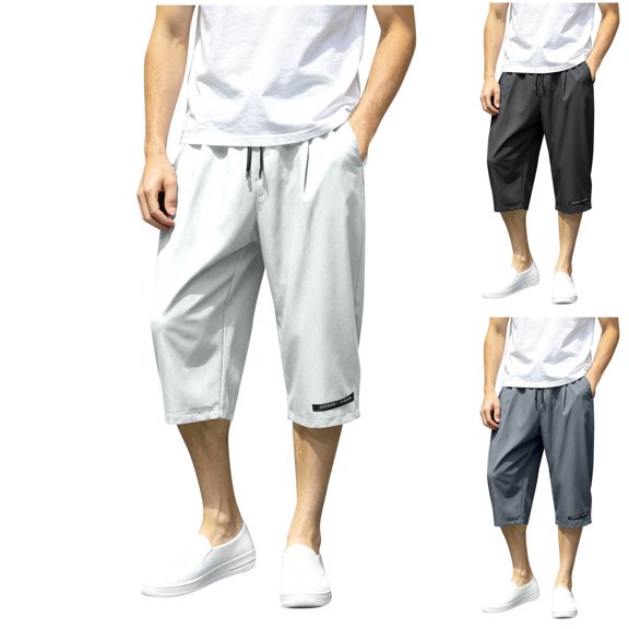 LODIENY Men's Athletic Capri Pants Moisture Wicking Workout Running Sweatpants Lightweight Baggy Sports Gym Basketball Cropped Trousers with Pockets Black XXXXXL