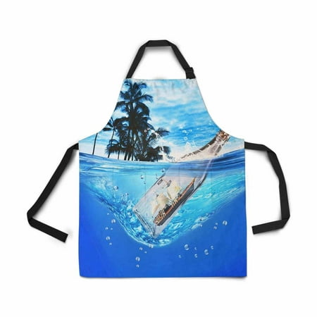 ASHLEIGH Adjustable Bib Apron for Women Men Girls Chef with Pockets Pirate Ship Glass Bottle Palm Tree Novelty Kitchen Apron for Cooking Baking Gardening Pet Grooming (Best Way To Ship Glass Bottles)