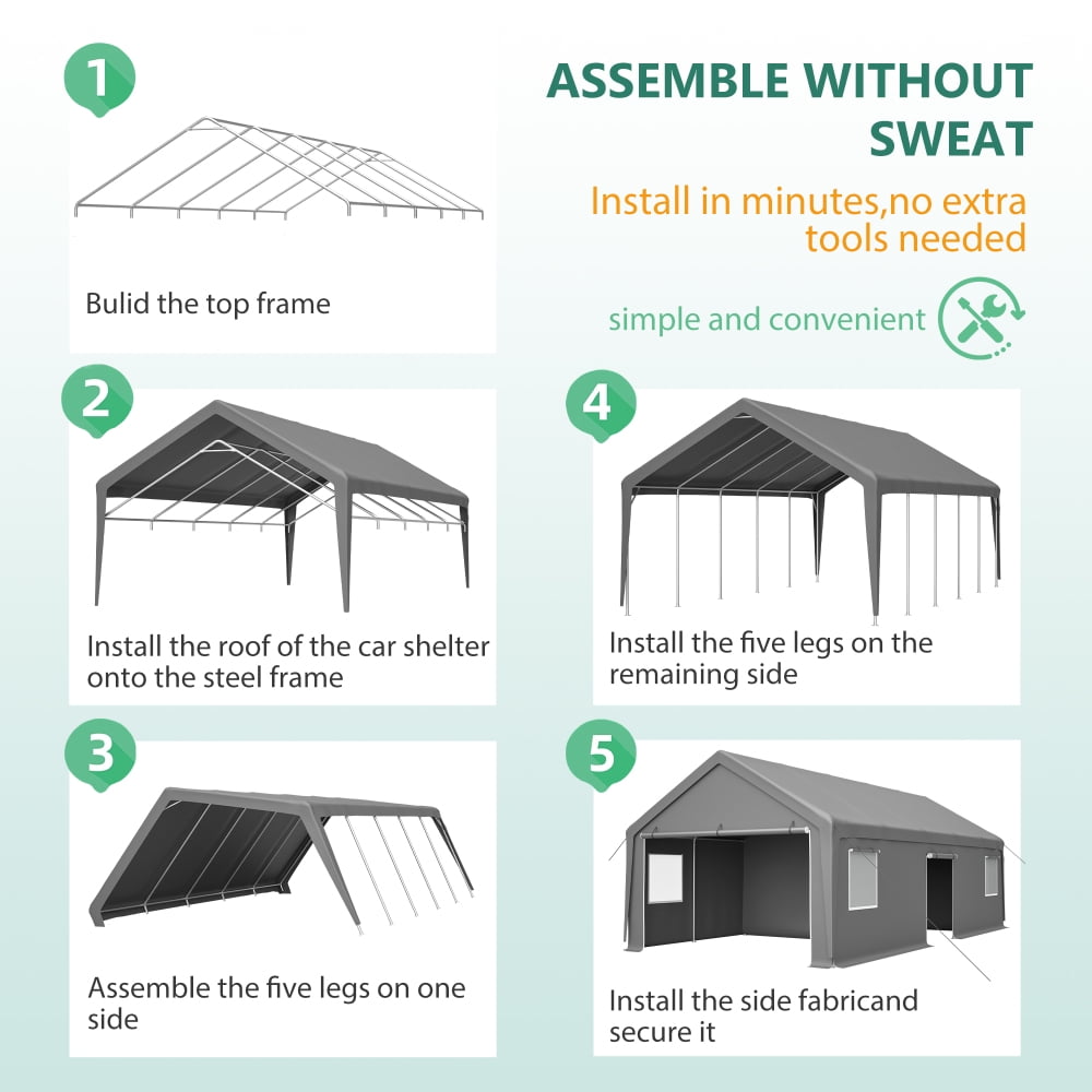 Heavy Duty Carport Canopy with 2 Roll-Up Doors + 1 Side Door, Removable End Walls & Windows, All-Weather Portable Garage Shelter for Car, Truck, Boat, Vehicle