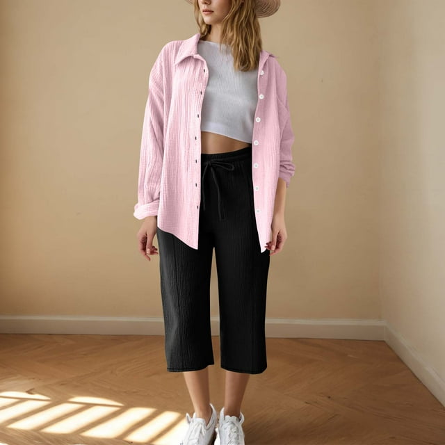 TACILIP Ensembles de Détente pour Femmes, Mode Été Manches Longues Col Uni Chemises Poche Capris Manches Longues Col Rabattu Ensemble, Cadeaux d'Anniversaire pour Femmes