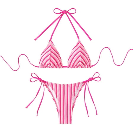 Rigardu Hot Sale!! Bikini Set for Women Two Piece Swimsuits V Neck Low Rise Crisscross Back Self Tie Spaghetti Straps Women s Terrycloth Swimsuit Summer Bikini Set with Chest Pad Hot Pink S