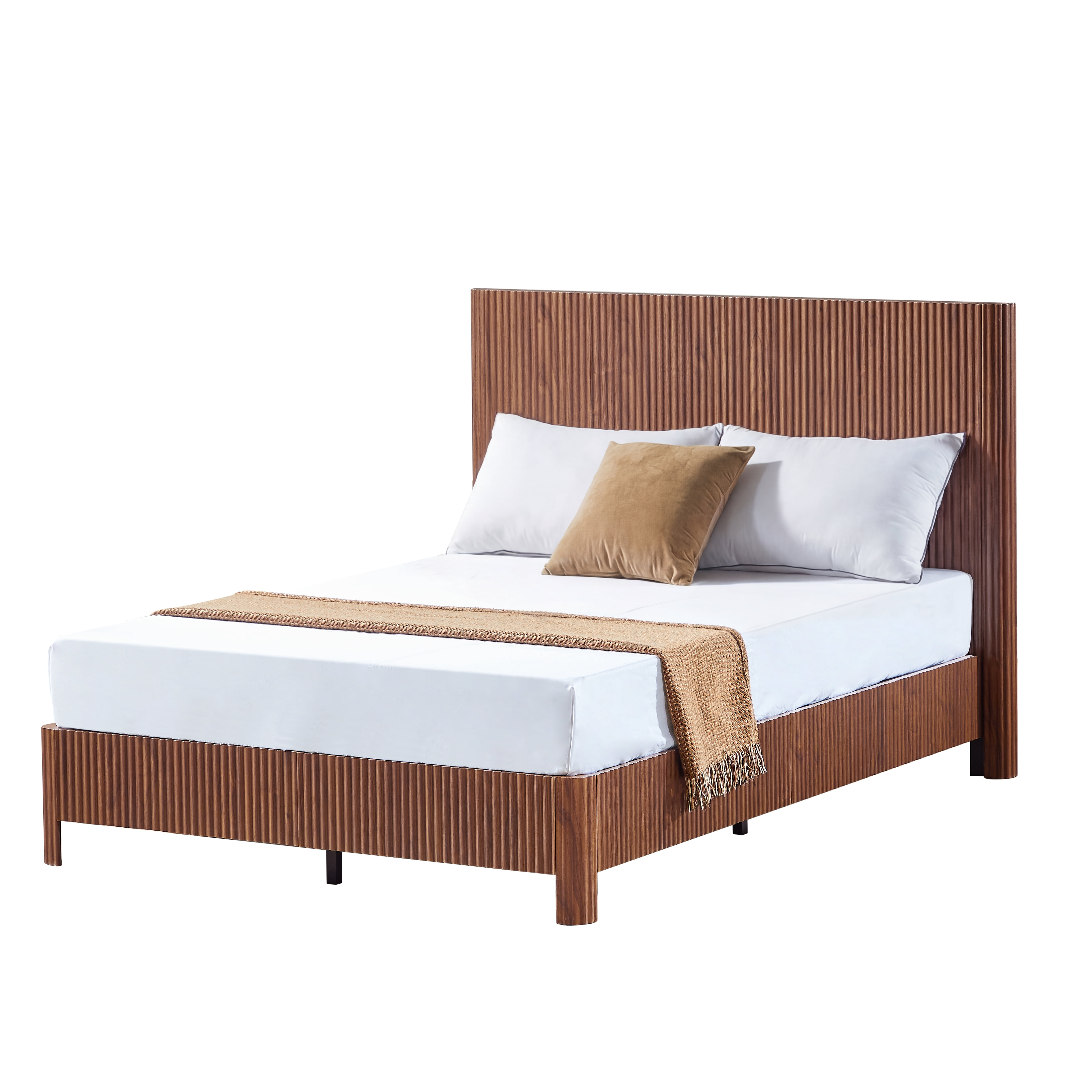 Platform Bed Frame, Wood Design Bed, Full Size Metal and MDF Bed Frame with 13 Slats and Rounded Corners, No Box Spring Needed, Modern Bedroom Furniture, Walnut