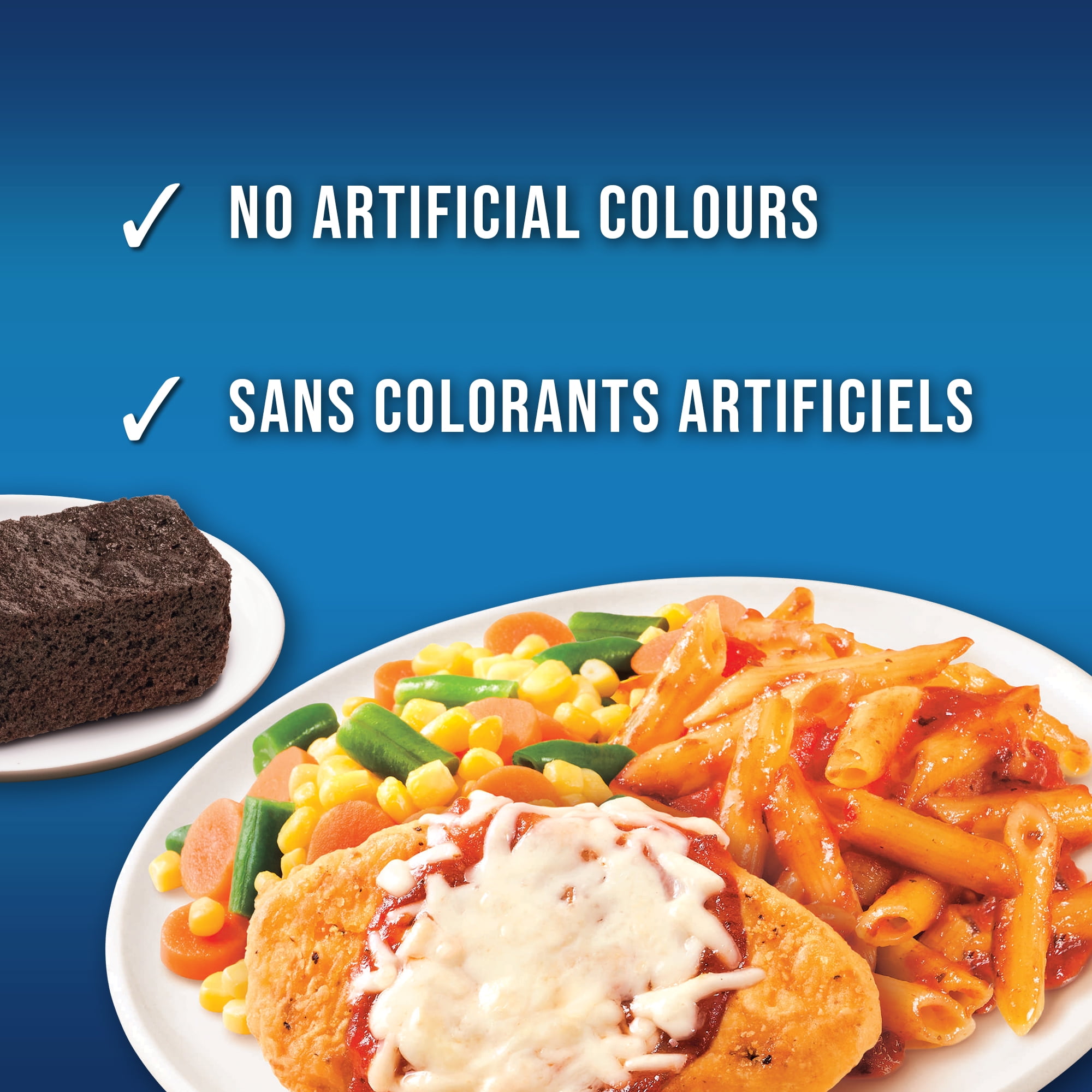 Poulet parmigiana Swanson : un repas surgelé avec un mélange de légumes, des pâtes et un brownie