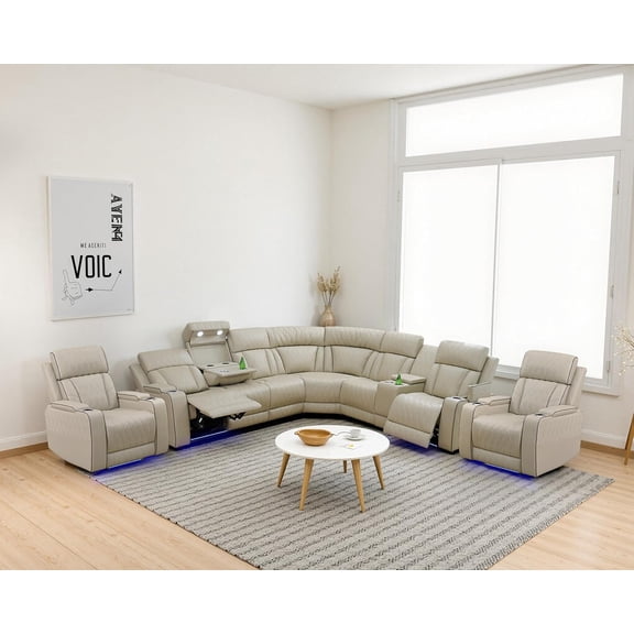 Power Recliner Sectional Sofa Set with LED, Breathing Leather Reclining Sectional and 2 Chairs, 3 Piece Living Room Furnitur Recliner Couch Set with USB Charging Ports&Cup Holders (Beige)