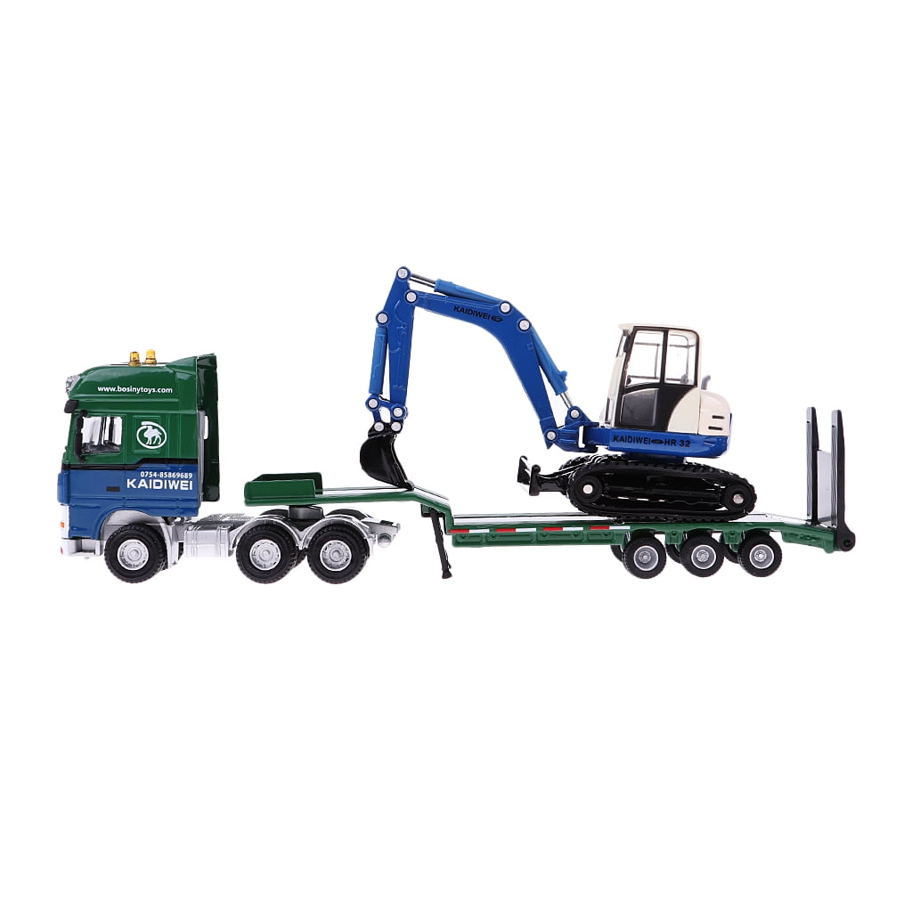 1/50 Kids Party Play Pull Push Alloy Flatbed Trailer+Excavator Birthday Gift 
