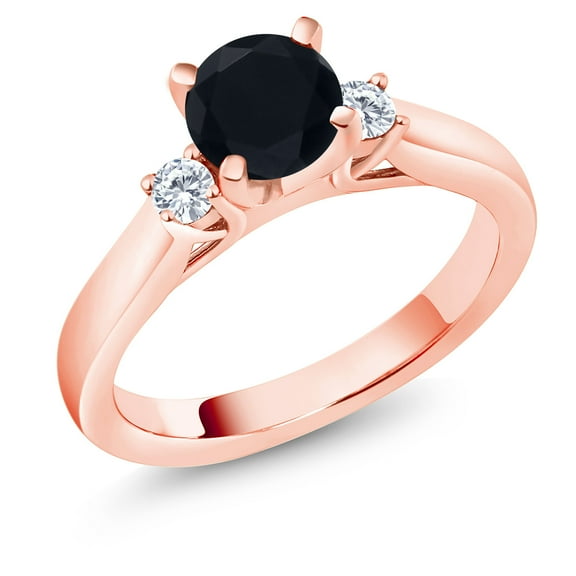 Gem Stone King 18K Rose Gold Plated Silver Black Onyx and White Moissanite 3-Stone Engagement Ring for Women (0.93 Cttw, Round 6MM, Gemstone December Birthstone, Size 6)