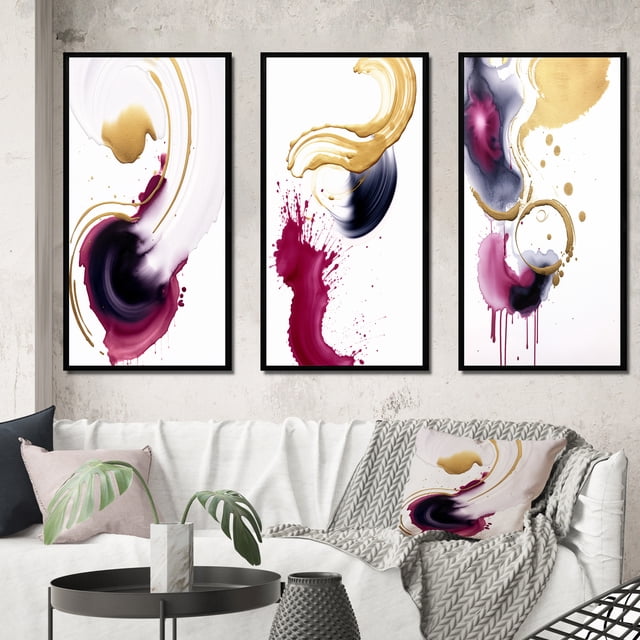 Designart "Peaceful Intensity Magenta and Gold Series II" Abstract Painting Framed Wall Art Set Of 3 - Gold Modern Frame Gallery Wall Set For Home Decor