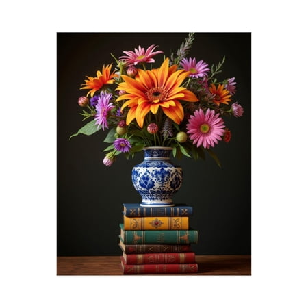 Paint By Numbers Kit for Adults Beginner - Floral Bouquet Vase Vintage Books DIY Frameless Painting Kits for Adults Canvas Paint By Number for Adults for Home Wall Decor 16x20 Inch