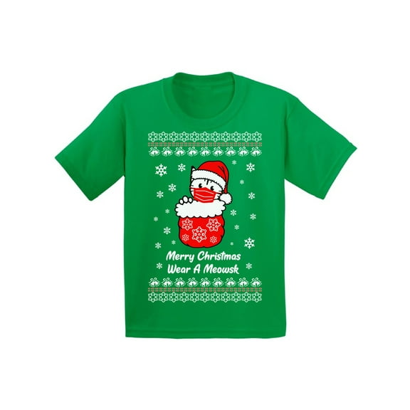 Merry Christmas Youth T-Shirt Wear a Meowsk Cute Kitty Tee Xmas Cat in Mask Shirts Funny Christmas Youth Top for Boys Girls Cat Lover