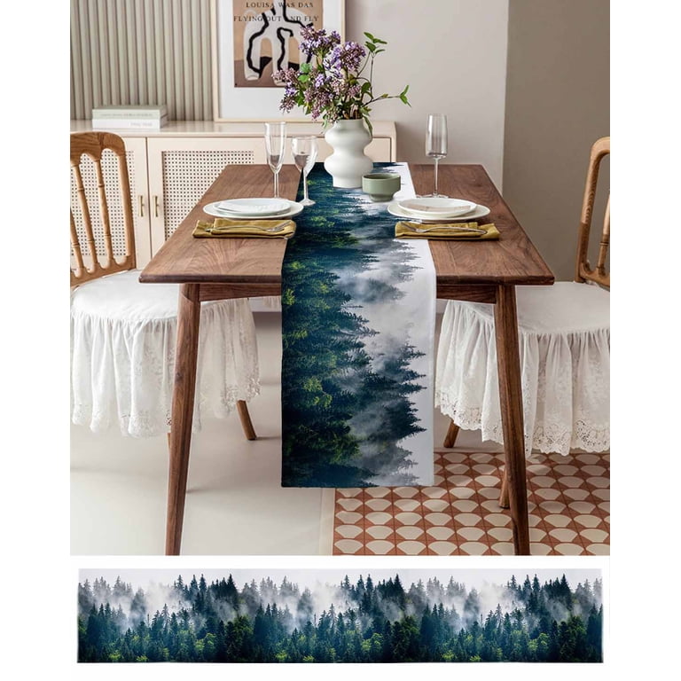dresser runners linen Table Runner Dresser Scarves 90 Inch Long,Natural Forest Foggy Scenery Linen Dining Table Runners Misty Woodland Green Tree Tabletop Scarf for Wedding