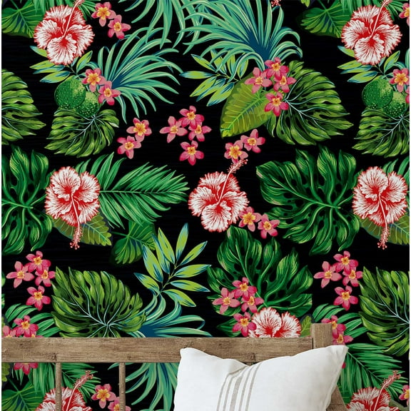 S4Sassy Tropical Hibiscus Bloom Wallpaper- Black Wall Covering,25" x 120" Self-Adhesive Textured Vinyl Walls Paper, Decorative Wall Wrap, DIY Walls Covering For Bedroom, Living Room, Living Space