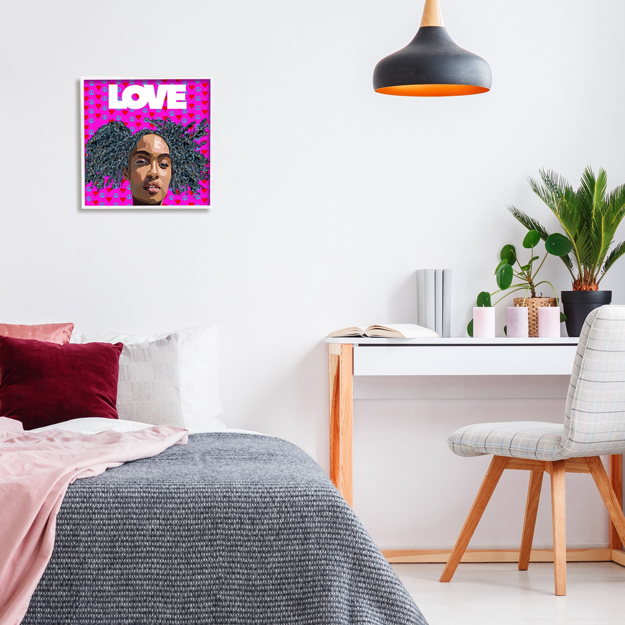 Stupell Industries Patterned Pink Love Peace Sign Hearts Person Graphic Art White Framed Art Print Wall Art, 17x17, by Lynnda Rakos