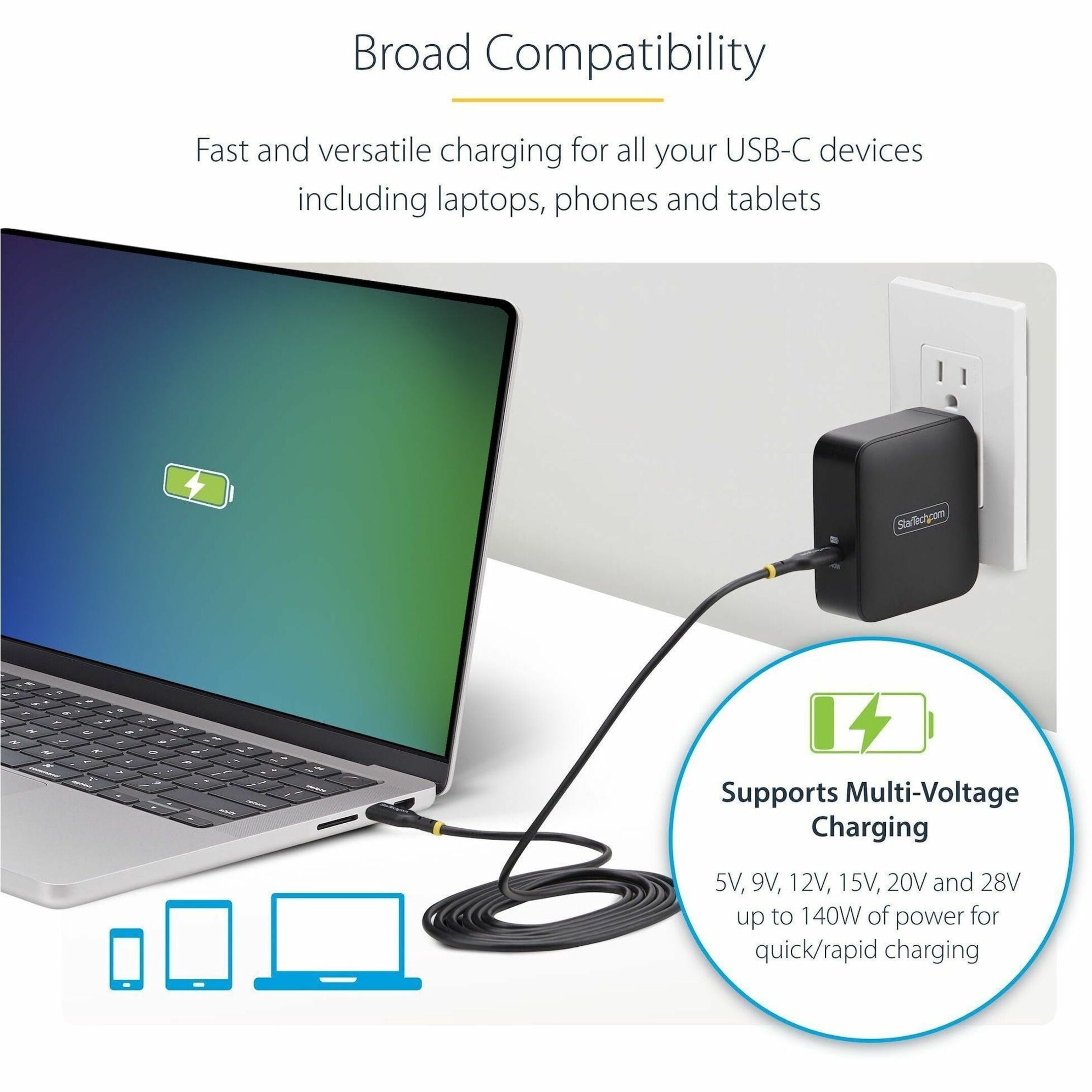 StarTech 140W USB-C Wall Charger - USB-IF Certified - PD 3.1 Portable GaN Charging Power Adapter - 6ft/1.8m USB-C to USB-C Cable   1014GCN-WALL-CHARGER