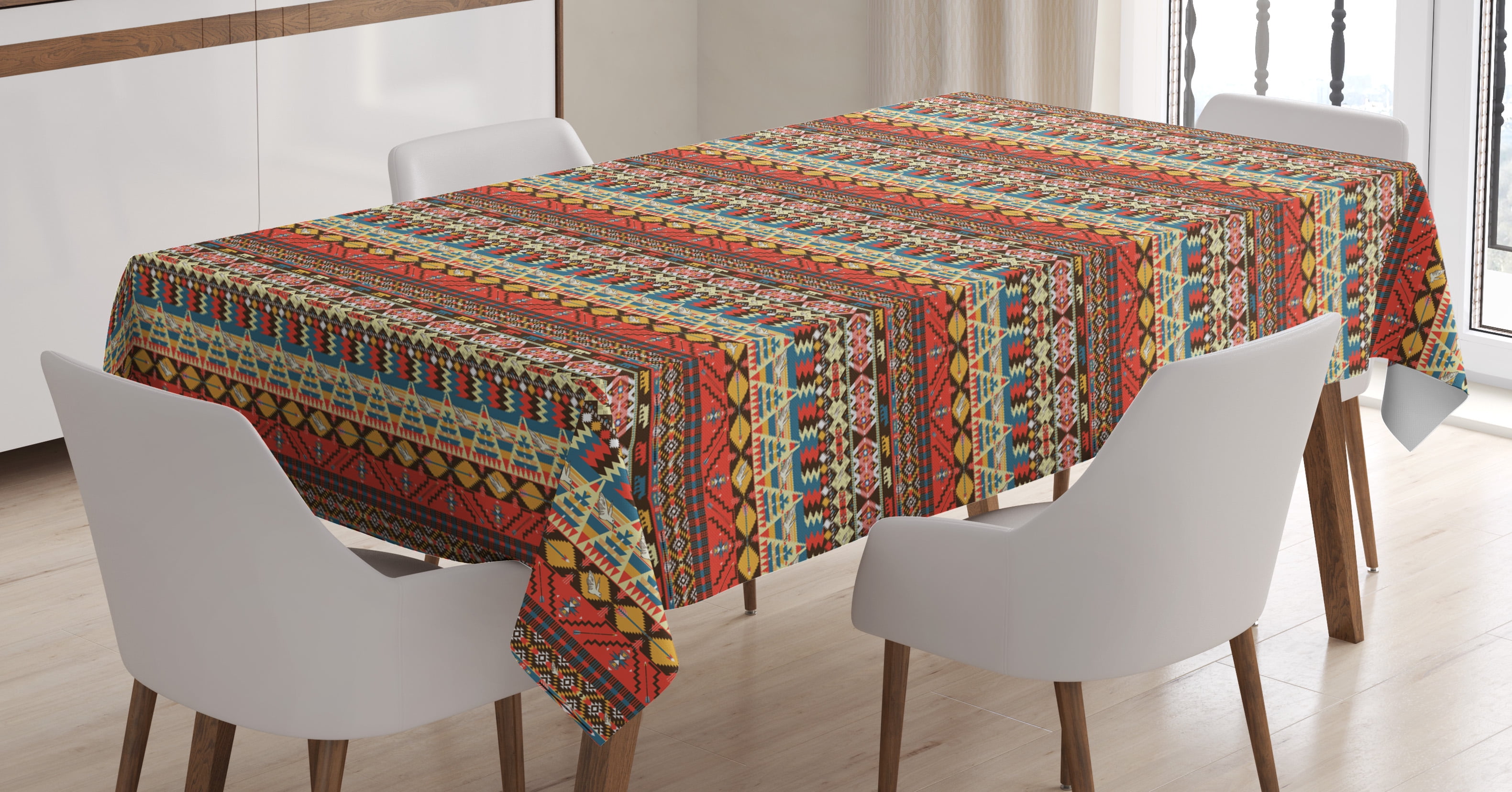 Colorful Tablecloth, Aztec Pattern with Birds Flowers and Arrows