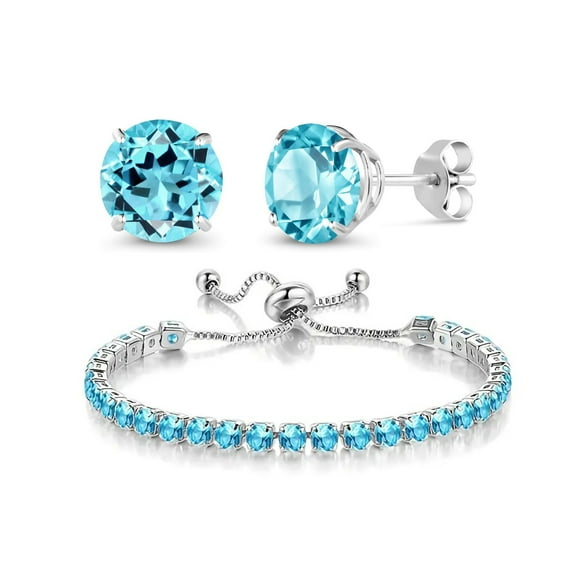 Paris Jewelry 10k White Gold 6 Ct Created Blue Topaz Round Adjustable Tennis Bracelet and Earrings Set Plated