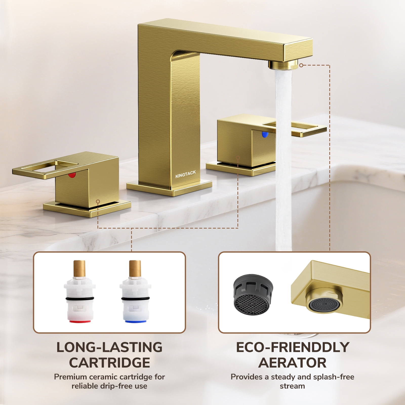 KINGTACK Bathroom Faucet for Sink 3 Hole, 8 inch Brushed Gold Bathroom Faucet with Pop Up Drain, 2 Handle Vanity Faucet with Water Supply Hoses