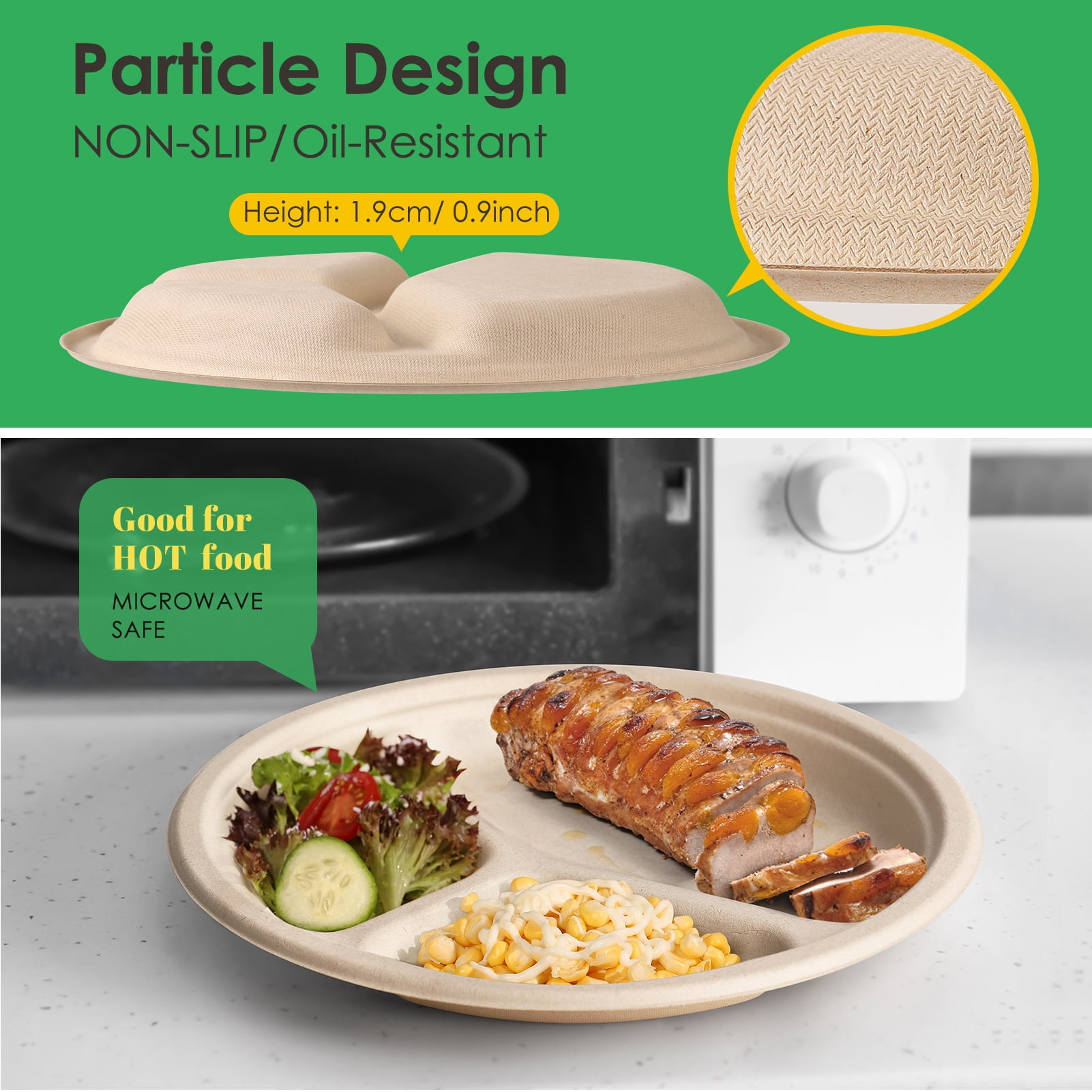 Gezond 10 Inch 3 Compartment  Heavy Duty Disposable Paper Plates, 125 Count