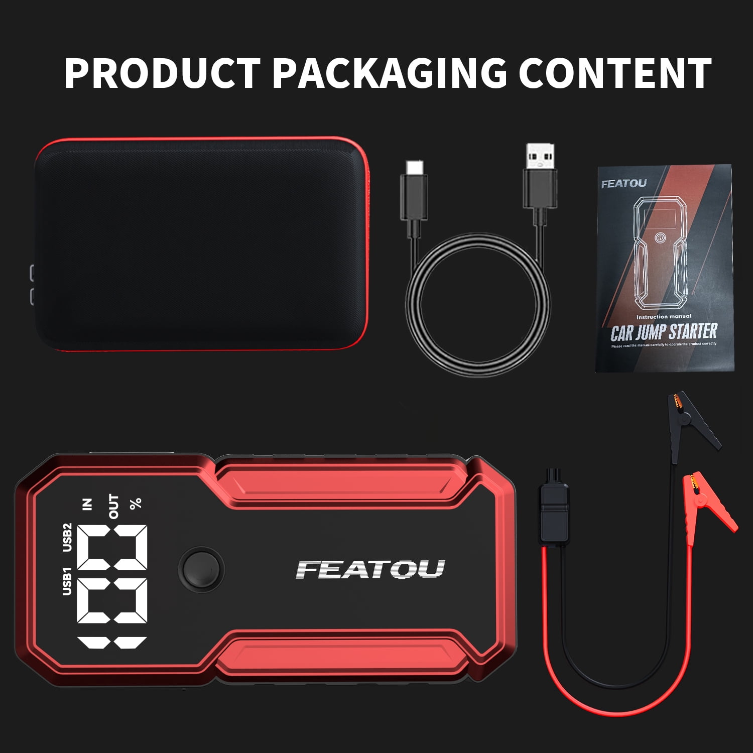 FEATOU Car Jump Starter,6500A Peak 12V Battery Jump Starter Pack for All Gas and up to 7.0L Diesel Engine,Portable Battery Booster Box with USB Quick Charge and Type C Supersafe