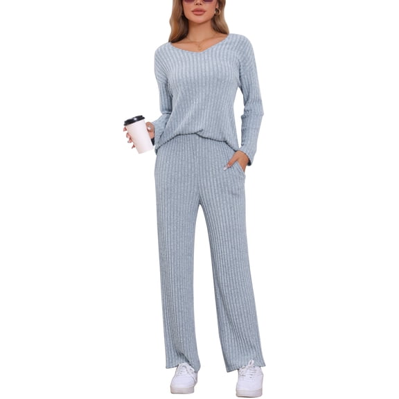 DARING DIVA Women's Ribbed Knit V Neck Long Sleeve Wide Leg Pants Lounge Set S Blue